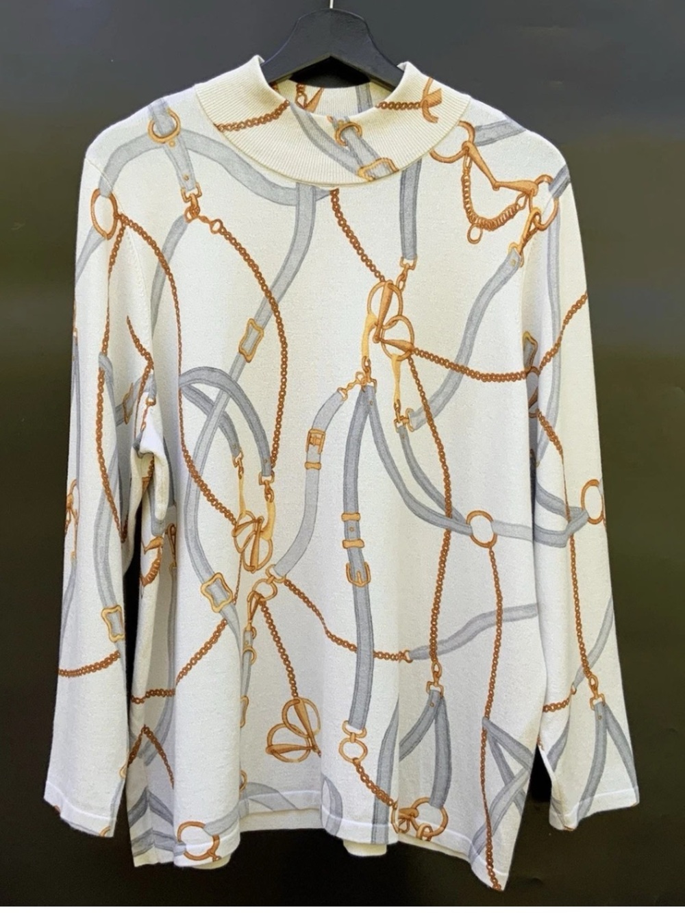 Chico’s Shimmer Mockneck Pullover Sweater Size 3 Ivory Equestrian Chain Print